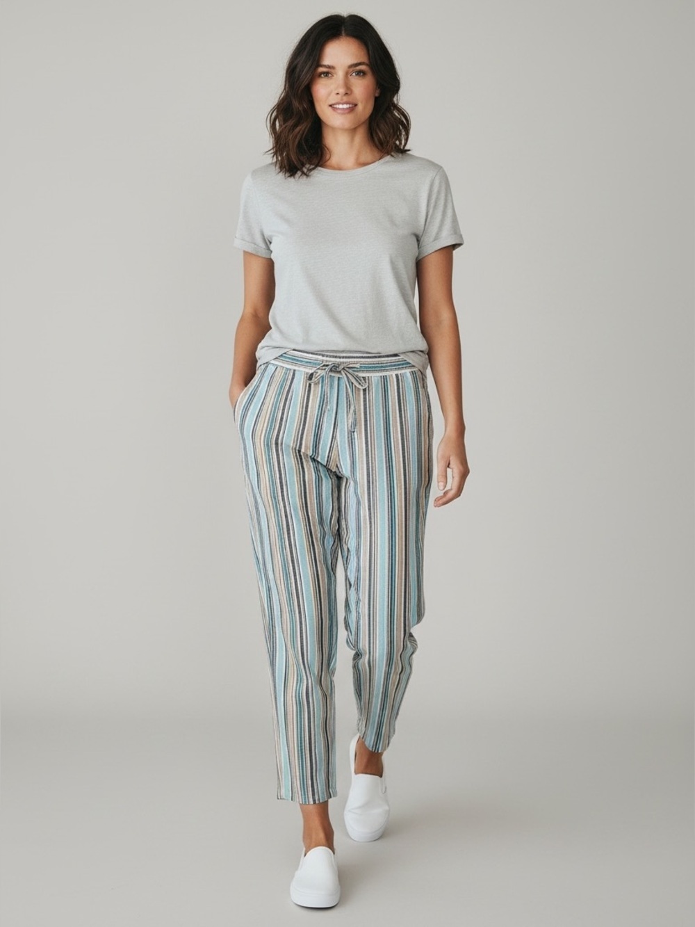 J. Jill Striped Linen Blend Elastic Waist Casual Pants Large Aqua Blue Tan White